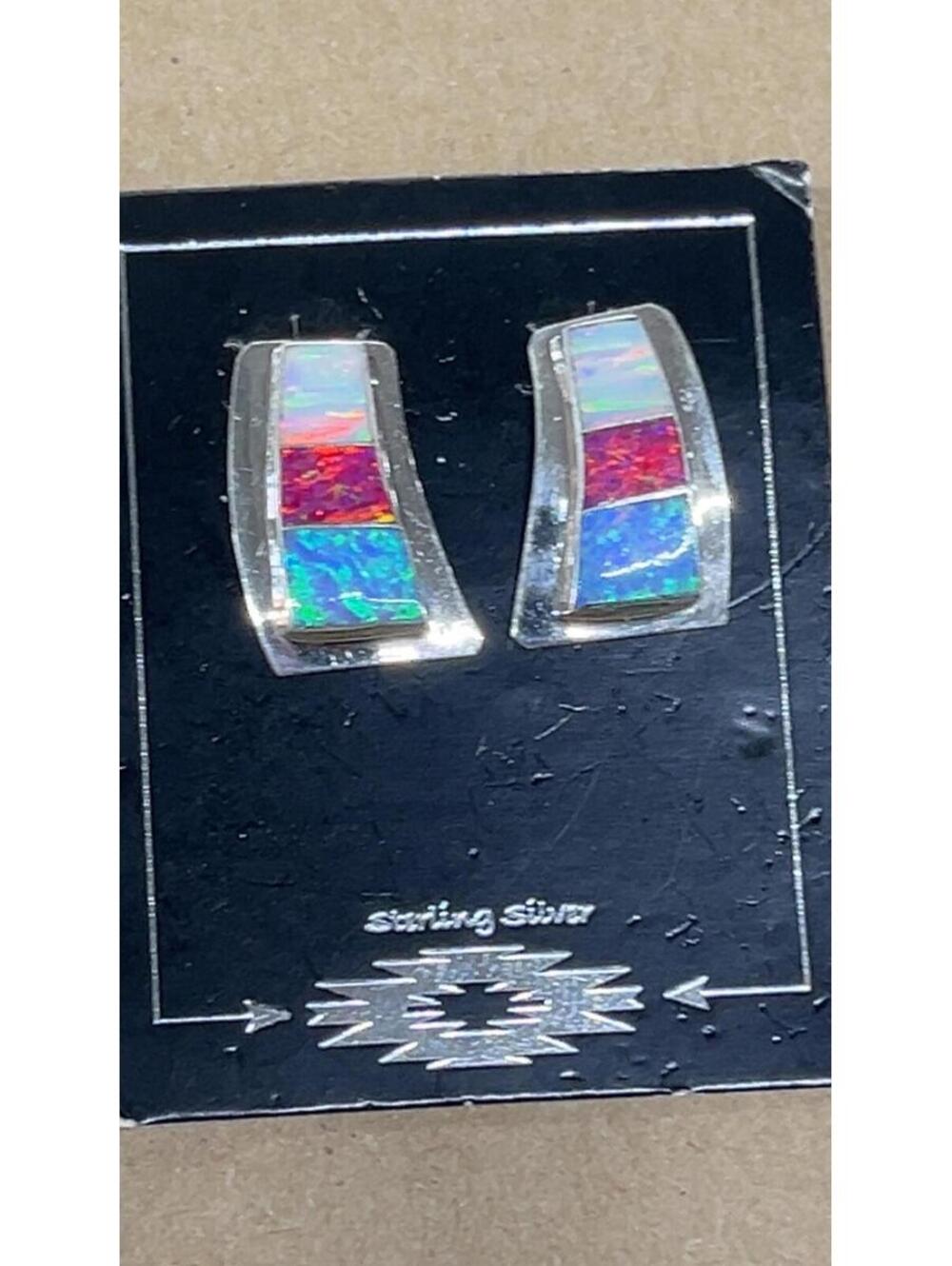 Navajo inlay handmade sterling silver opal earrings -Nathaniel Johnson